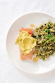 Grilled salmon with avocado cream served with orzo and pesto