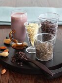 Ingredients and a Healthy Smoothie; Almond, Chia and Cacao