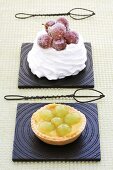 A grape tartlet and a pavlova with sugar-coated grapes