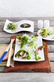 Salad rolls with mushrooms, sweetcorn, water chestnuts and plum sauce (Asia)