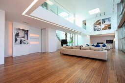 Modern living room with hardwood floors and catwalk