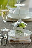 A butterfly decoration and a name label caught under a wine glass on a table