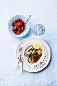 Chargrilled aubergine with halloumi and strawberries