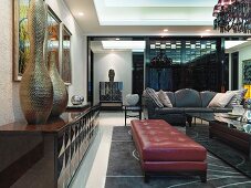 Red leather bench in modern living room