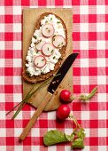 A slice of bread topped with radishes, cream cheese and chives