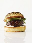 Asian Burger on a Sesame Seed Bun; White Background