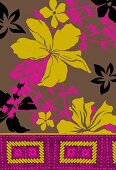 Olive green and pink tropical flowers on light brown background (print)