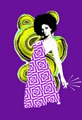 Disco design and woman with afro on purple background (print)