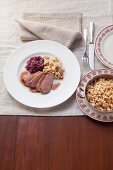Duck breast with red cabbage and spätzle (soft egg noodles from Swabia)