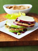 Red and Green Apple Slices with Peanut Butter, Pumpkin Seeds and Dried Cranberries