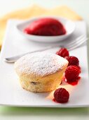 Raspberry souffle with raspberry sorbet