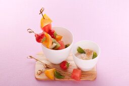 Fruit kebabs with vanilla and sesame seed yogurt