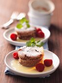 Mini chocolate cakes with vanilla sauce and raspberries