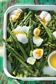 Green asparagus and beans with boiled duck eggs and champagne butter