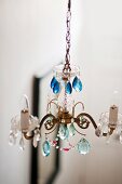 Detail of chandelier with assorted blue glass drops