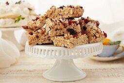 Rice Krispie Treats with Cranberries and Almonds on a Pedestal Dish