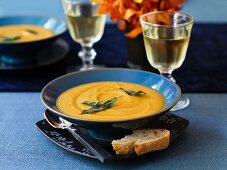 Lentil and sweet potato soup and two glasses of wine