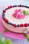 Raspberry mousse layer cake with raspberries, blueberries and flower decoration