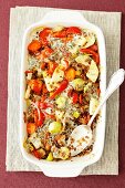 Vegetable bake with buckwheat and dill sauce