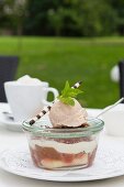 Rhubarb tiramisu in a glass with rhubarb ice cream