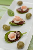 Spinatblätter mit getrockneter Tomate und Baby-Oktopus, dazu grüne Oliven