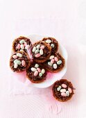 Chocolate nests with jelly beans, for Easter