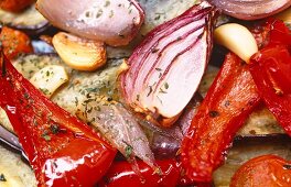Roasted peppers, red onion, garlic, tomatoes and aubergine
