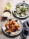 Oven-roasted root vegetables with a grilled courgette salad
