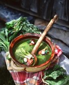 Cold stinging nettle soup with borscht, sorrel and leek