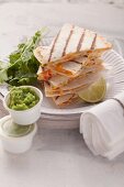 Quesadillas with a vegetable filling and pea guacamole