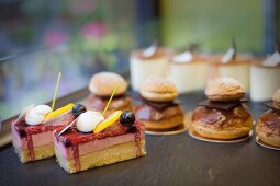 A selection of cakes in a bakery-cafe