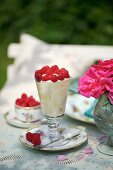 Rasberry fool on a table in the garden
