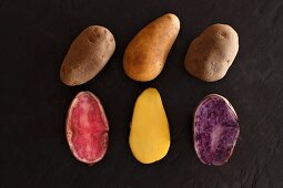 Various different types of potatoes on a slate surface