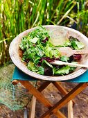 Mixed salad leaves with mustard dressing in a wooden bowl