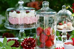 Sommerlich gedeckter Tisch mit Torte, Erdbeeren, Torteletts und Dahlien