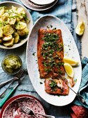 Trout fillet with a herb crust, and potato and leek salad