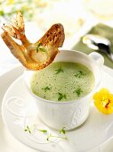 Foamed cress soup with a prawn crostini