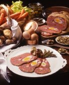 Sliced galantine with eggs, mushrooms and pistachios