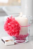 Candle lantern decorated with tissue paper pompom