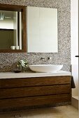 Washstand, mirror & wall cabinet with walnut veneer & white glossy surfaces in bathroom