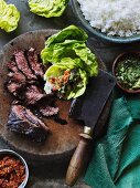 Barbecued beef steak with ginger and a spring onion sauce