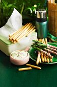 Grissini and asparagus with Prosciutto and a bean and feta dip