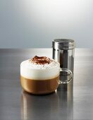 A cappuccino and a cocoa sprinkler on a polished metal surface