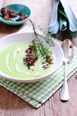Cream of leek soup with fried bacon croutons