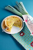 Leek tart, with a slice cut out