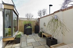 Bay window of residential house and black planters in flagged, urban courtyard