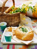 Bread filled with cream cheese and spinach dip, for a picnic for Australia Day