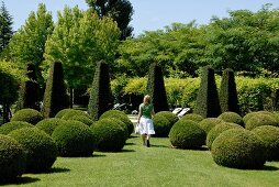 Trees and shrubs clipped into balls and low obelisks in park; woman walking amongst topiary in summer clothing