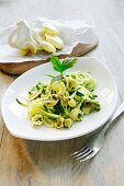 Courgette spaghetti with golden oyster mushrooms