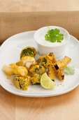 Pakoras (battered vegetables, India) with yoghurt dip